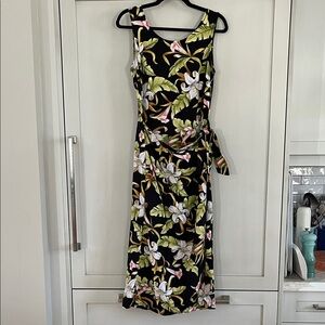 La Cabana Tropical Floral Black Sleeveless Faux Wrap Dress with front tie